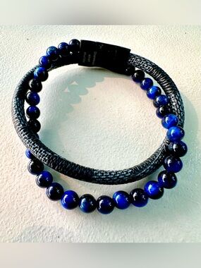Men's Double Strand Bracelet with Blue Beads and Black Braided Band